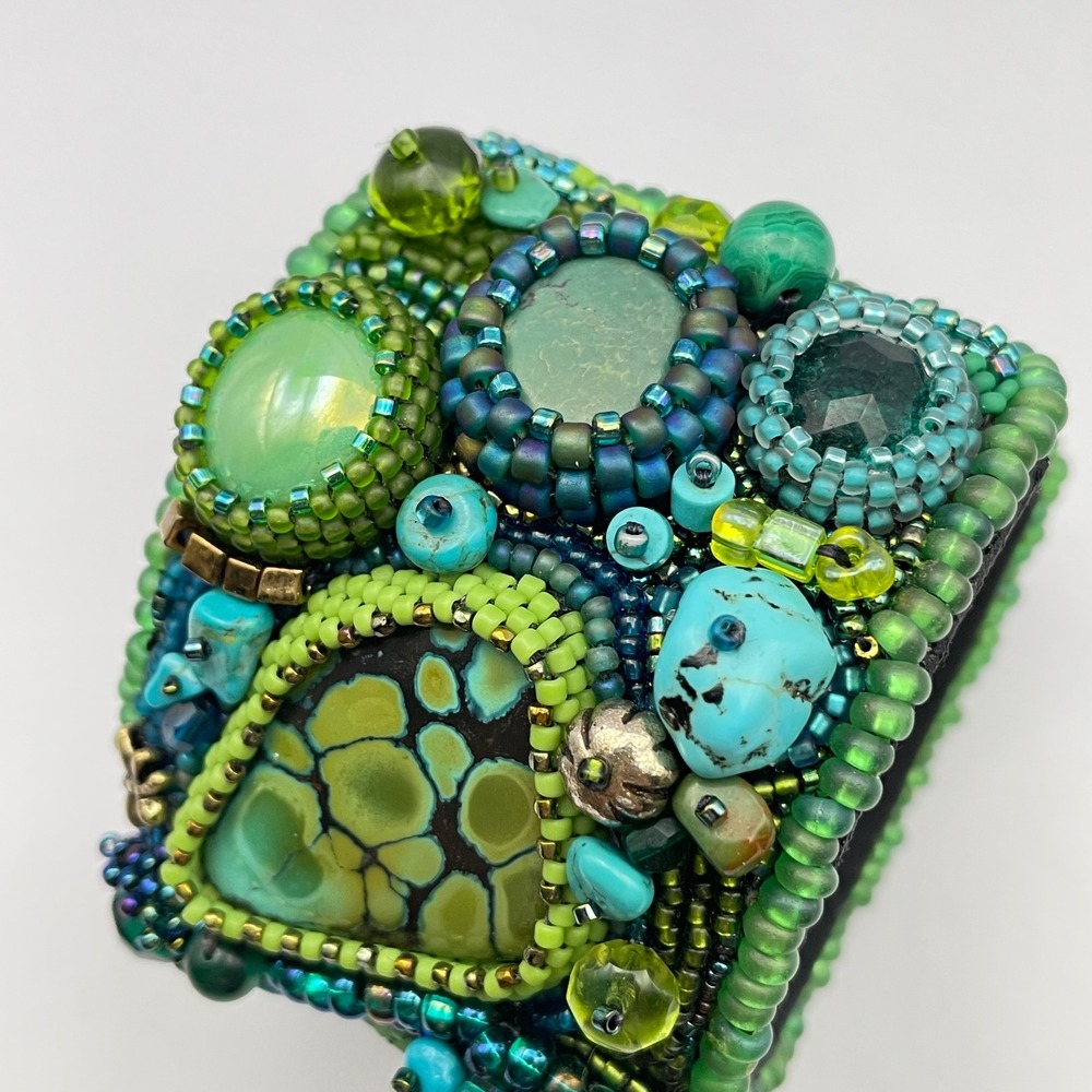 LARGE Beaded Turquoise Boho Cuff Bracelet Adjustable Statement Chunky Bracelet - Picture 9 of 17